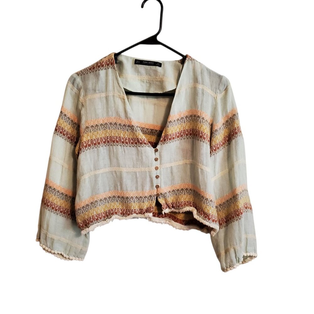 ZARA Cropped Linen Blend Cottage Core Farmhouse Cardigan Medium